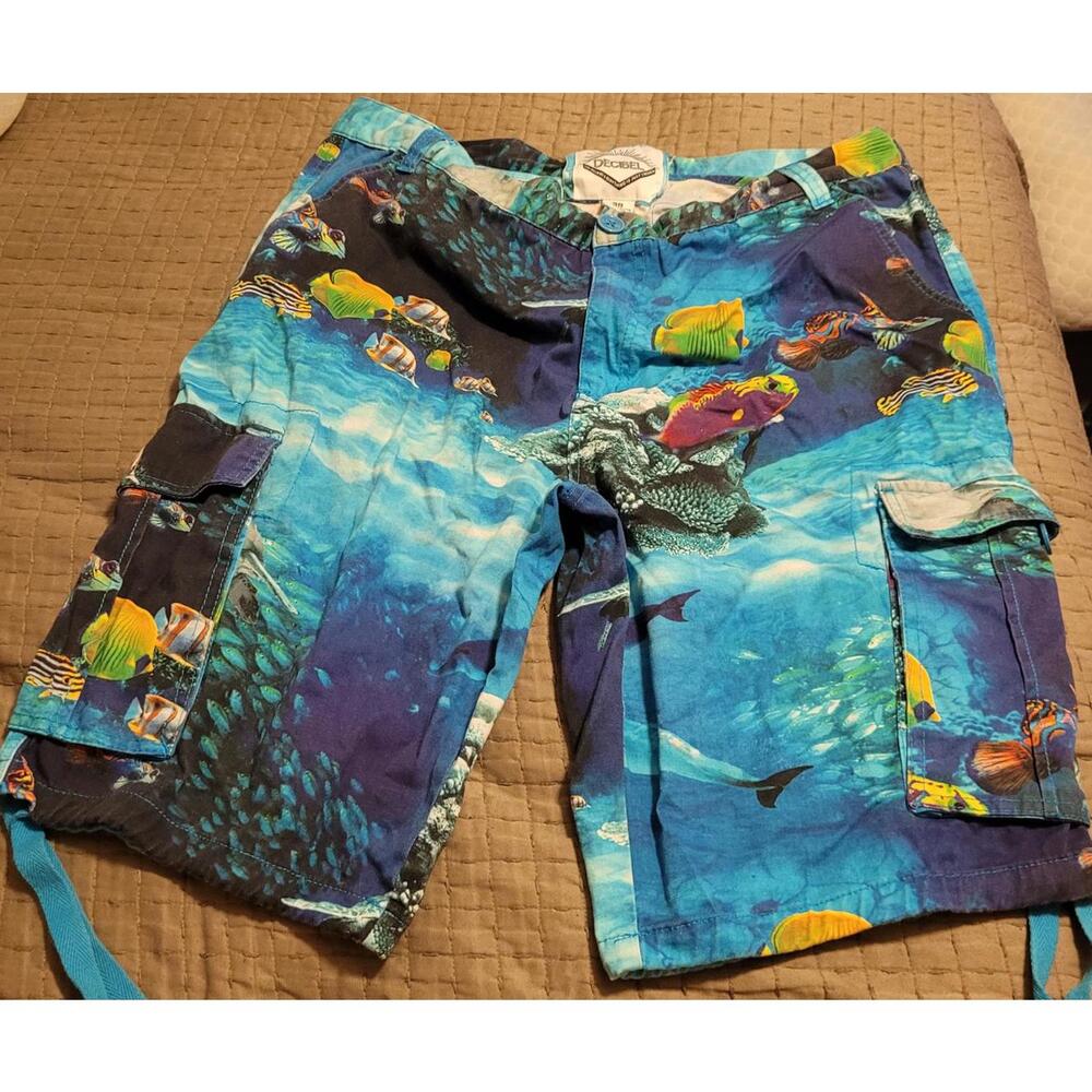 Decibel Size 38 Ocean Print Cargo Shorts Tropical Fish Beach Surf Blue